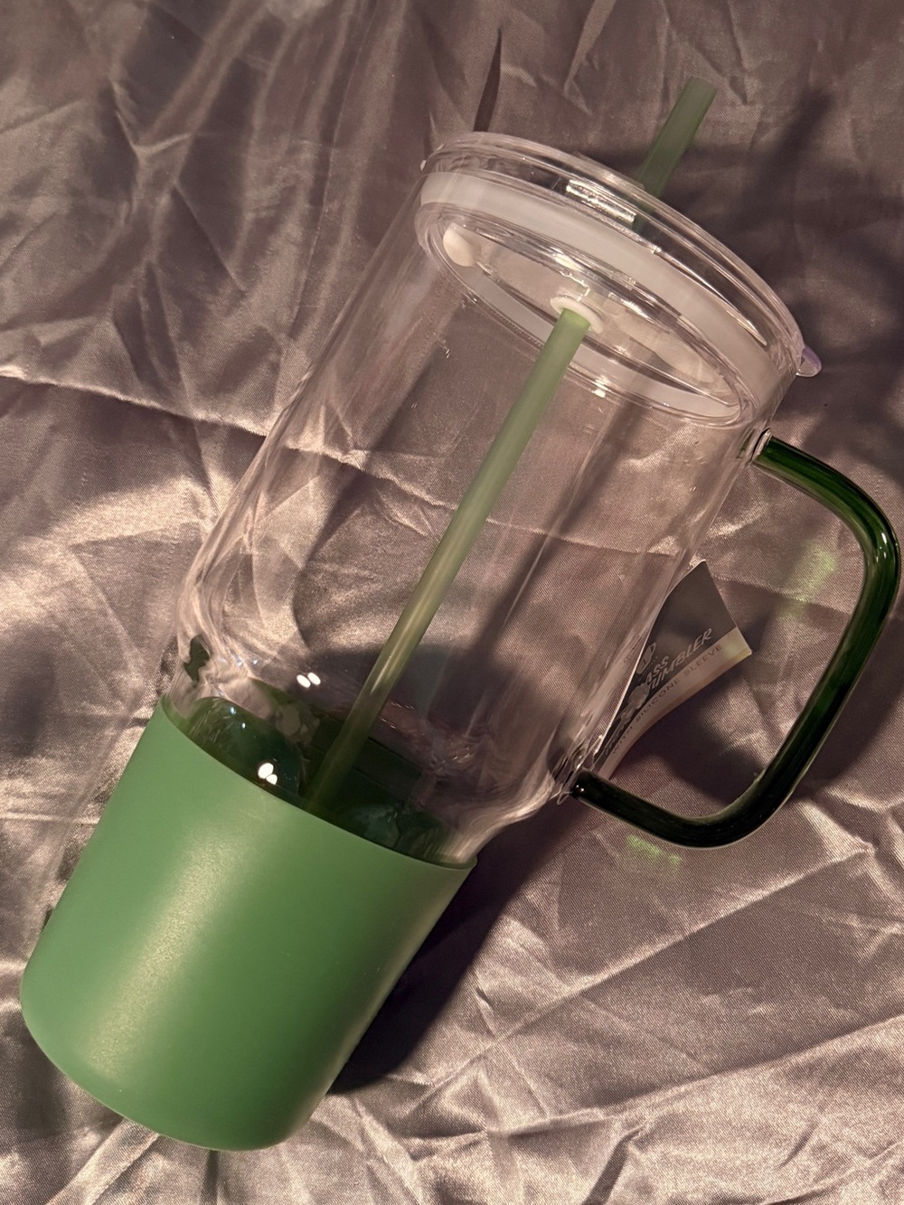 Green Glass Travel Tumbler with Handle and Straw